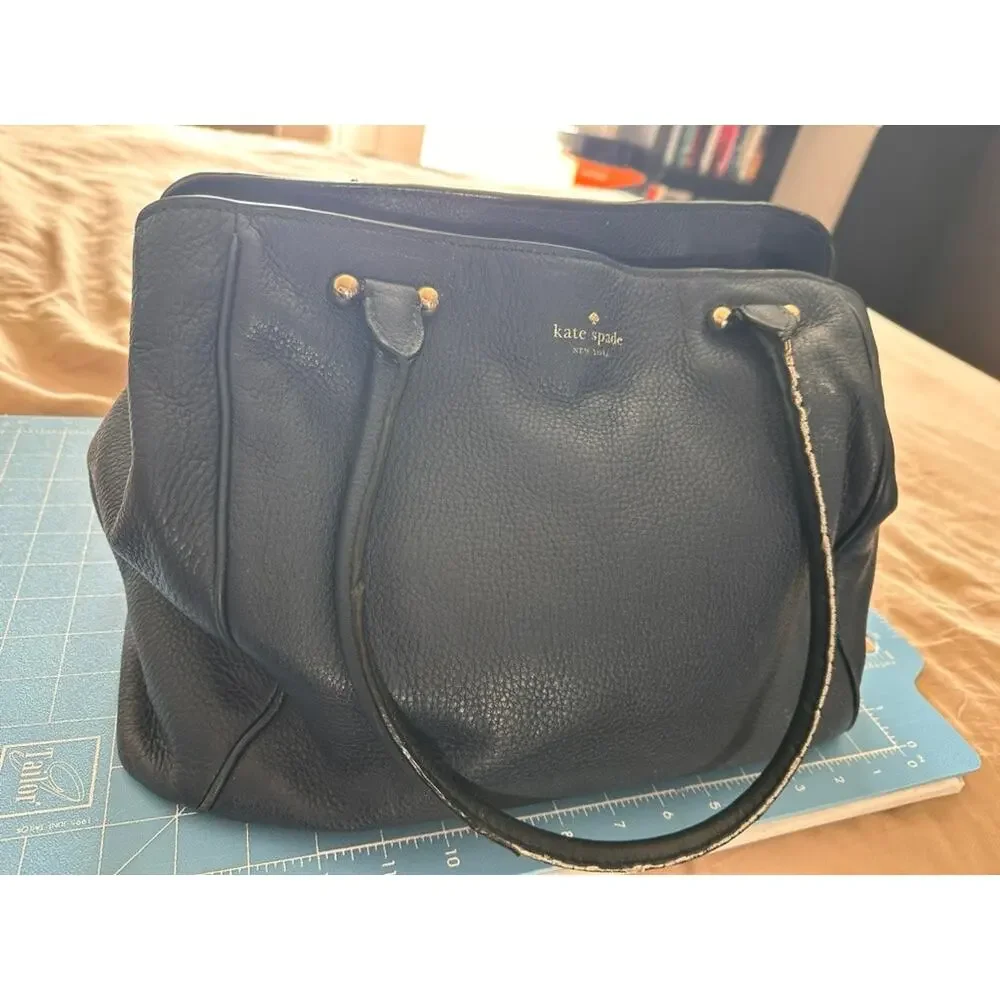 Kate Spade Cobble Hill Leslie Large Leather Purse Tote Navy Blue Gold Hardware